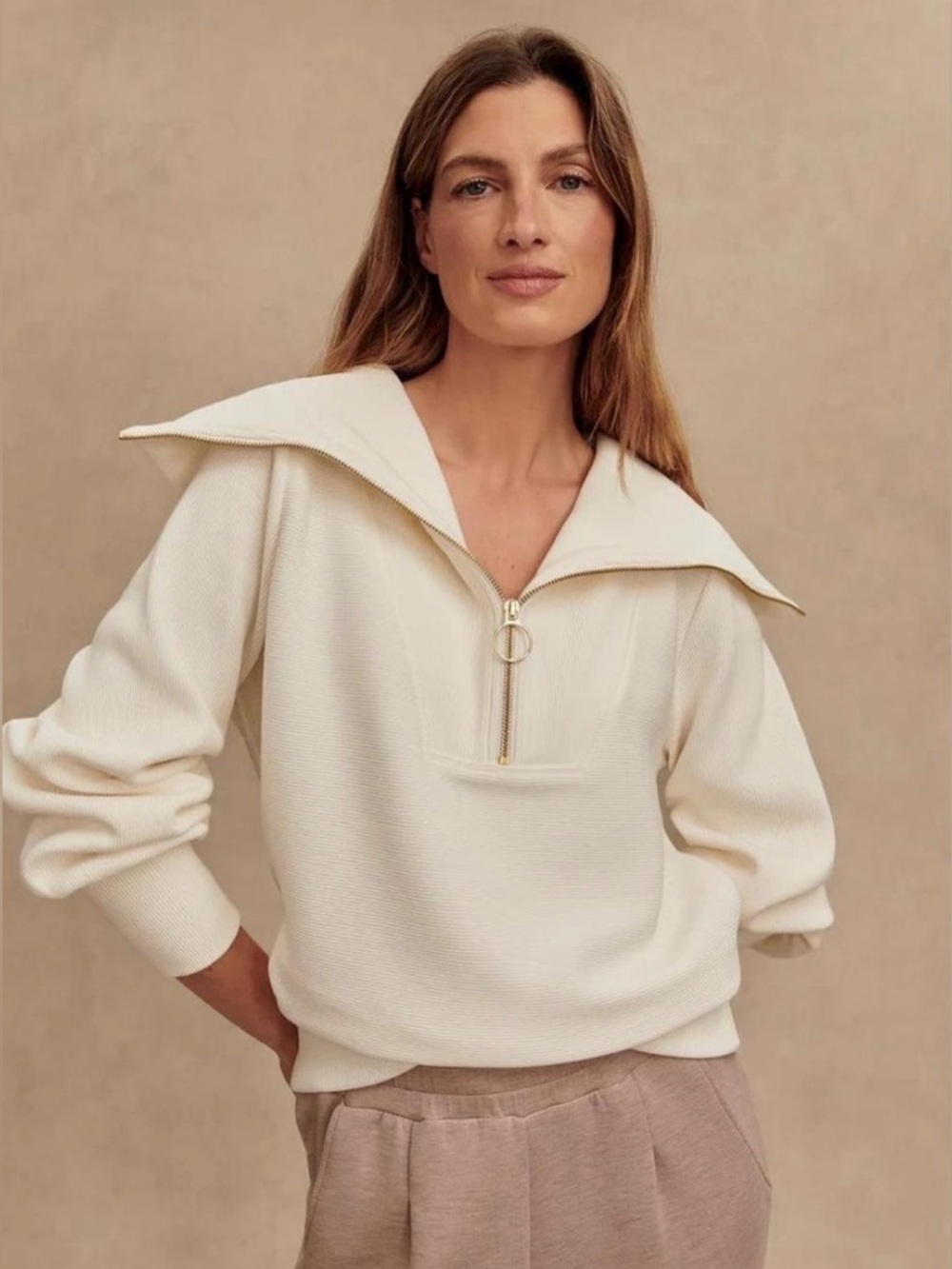Varley Vine Ottoman Rib Half Zip Sweatshirt Oatmeal Marl Oversized Pullover